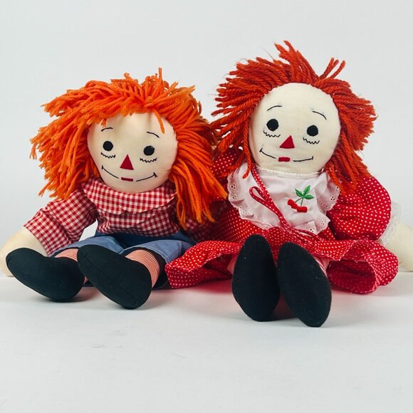 Vintage Raggedy Ann & Andy Dolls Soft Plush Pair 19” Red Polka Dot Clothes - Picture 1 of 11